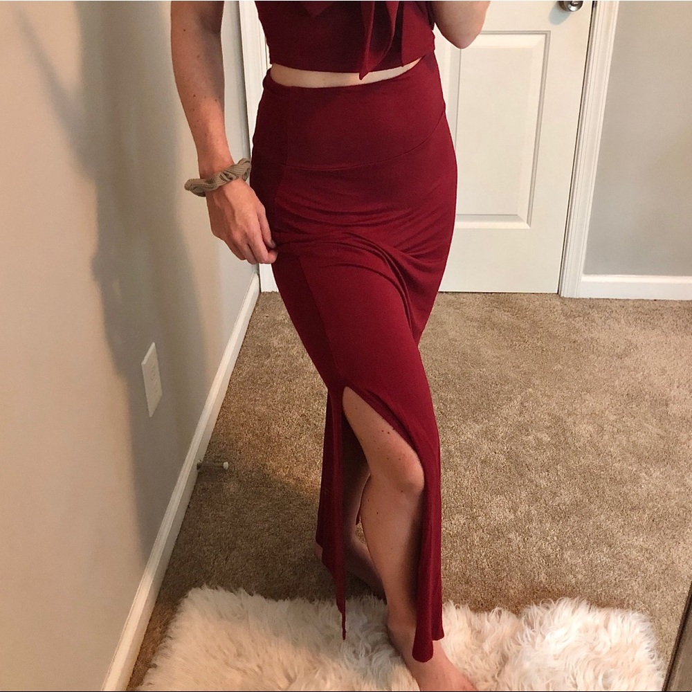 Maroon High Waisted Maxi Skirt